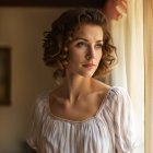 Curly-Haired Woman in Pastel Blouse and Red Skirt in Classic Interior