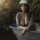 Dark-haired woman in lace cap relaxes in vintage bathtub surrounded by blooming garden