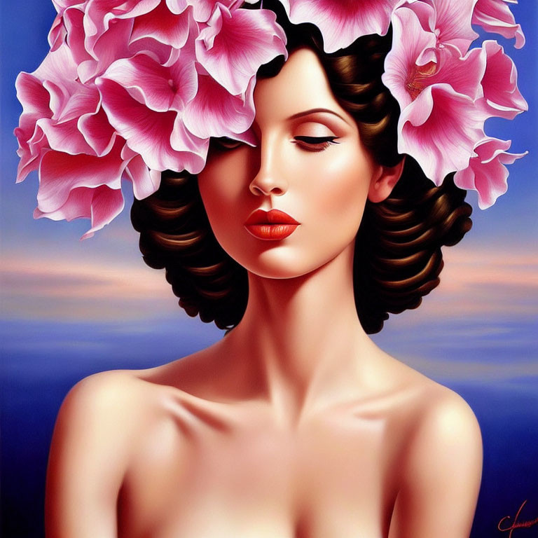 Stylized portrait of woman with pink flowers in hair at sunset