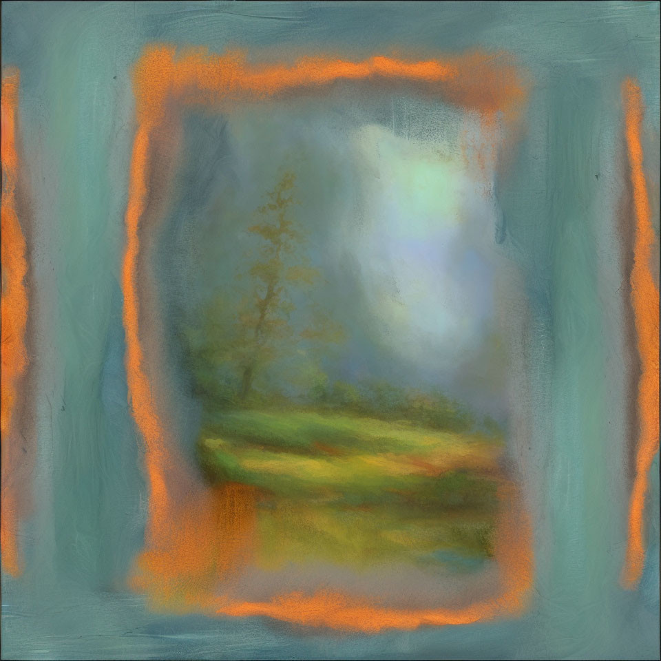 Blurred forest scene with hazy tree in vibrant orange border