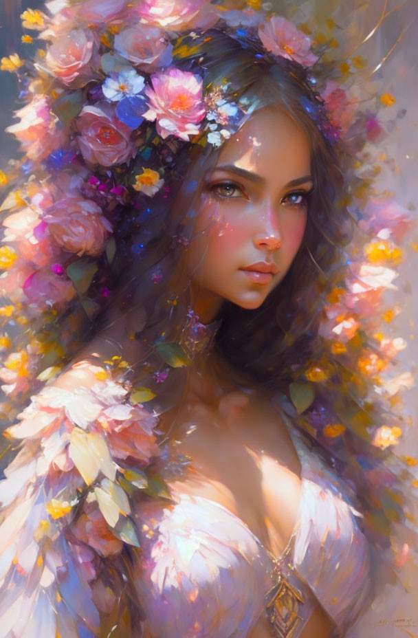 Ethereal portrait of woman with floral wreath and feathered garment