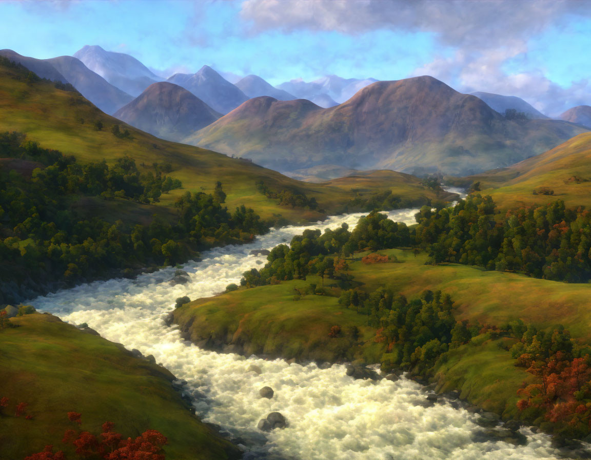 Scenic landscape with vibrant river, green valleys, rolling hills, and majestic mountains