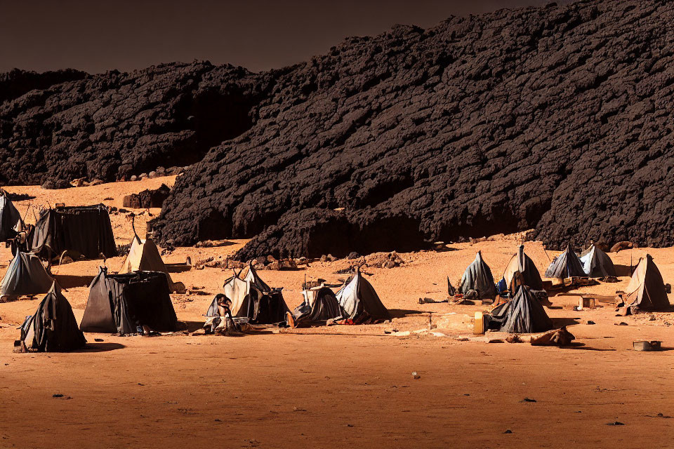 Traditional tents in desert encampment under dramatic dark sky