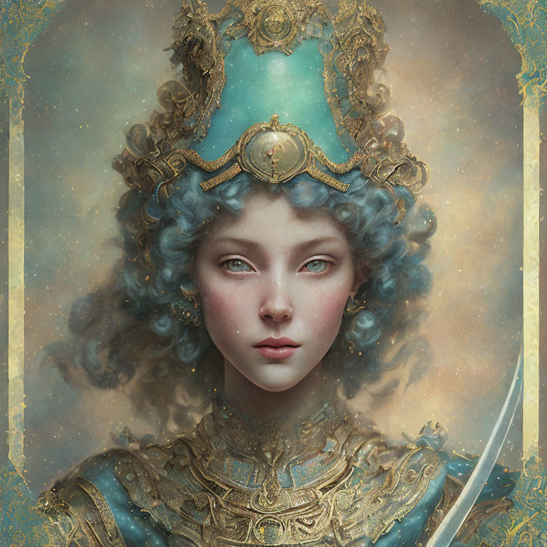 Digital artwork of woman in turquoise and gold armor with ornate headdress in serene pose.