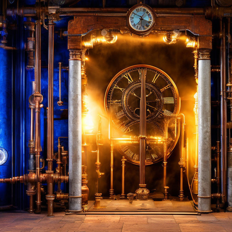 Steampunk-inspired room with ambient lighting and gear-operated clock.