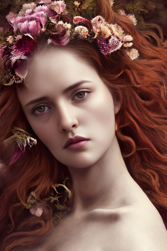 Detailed Portrait of Woman with Red Hair and Floral Crown