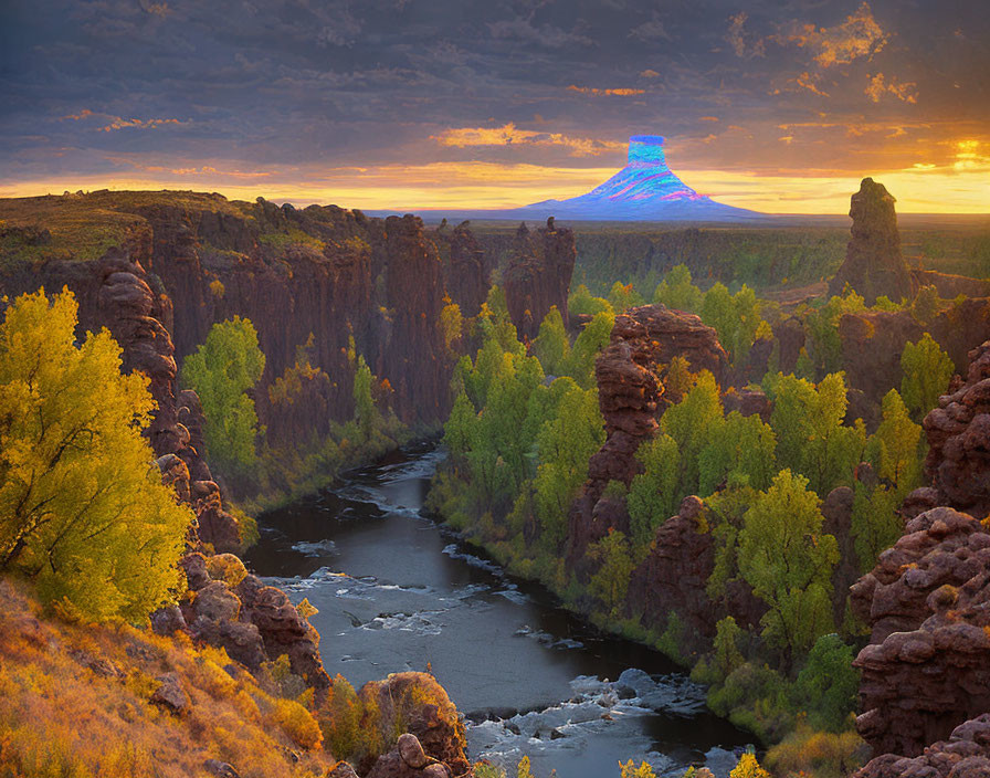 Autumn canyon river with layered mountain and colorful sunset sky