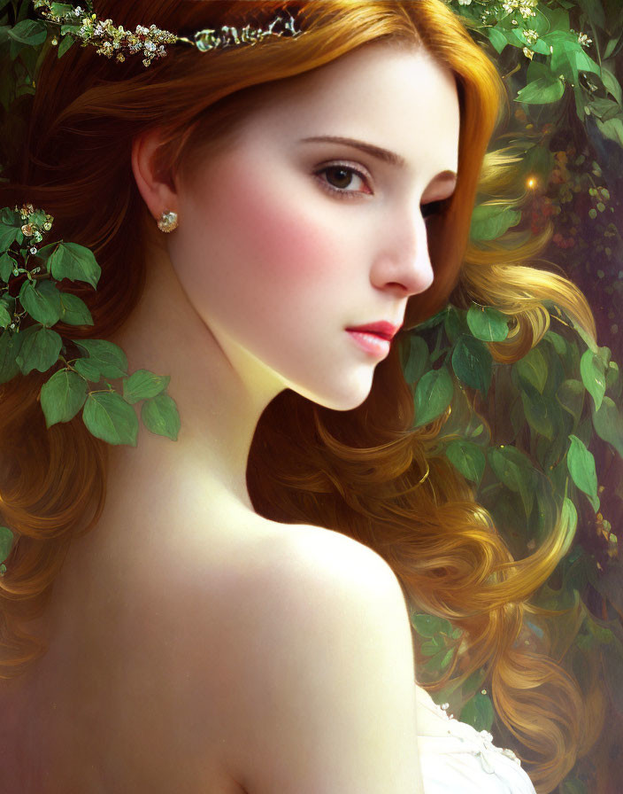 Profile of woman with red hair and floral headpiece in soft lighting against green backdrop