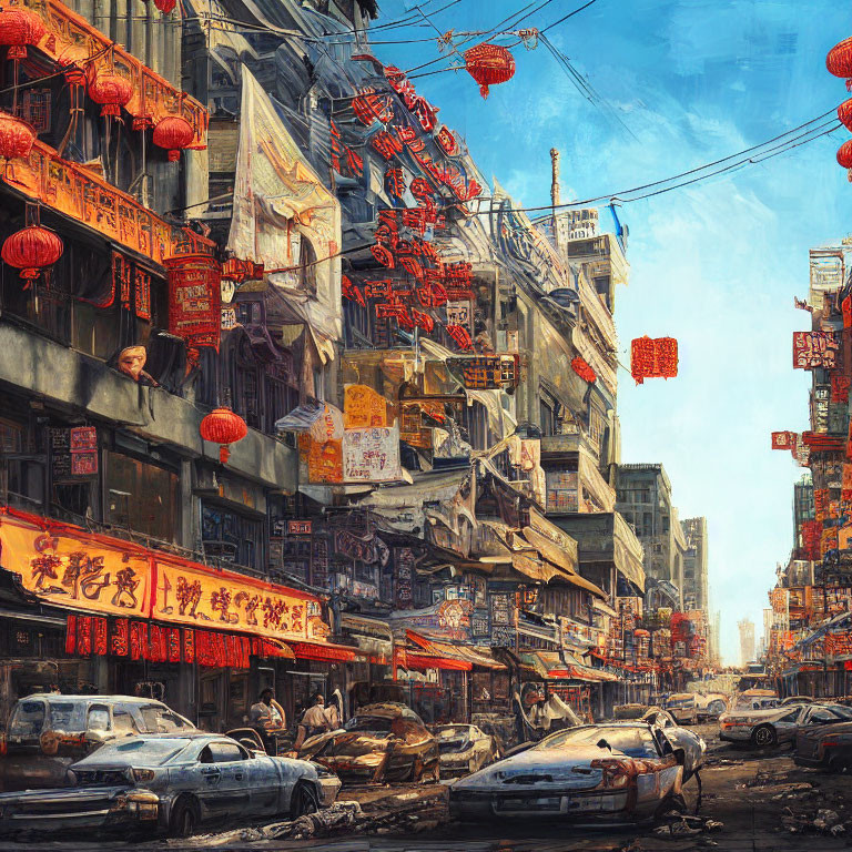 Busy Urban Street with Chinese Signage and Red Lanterns