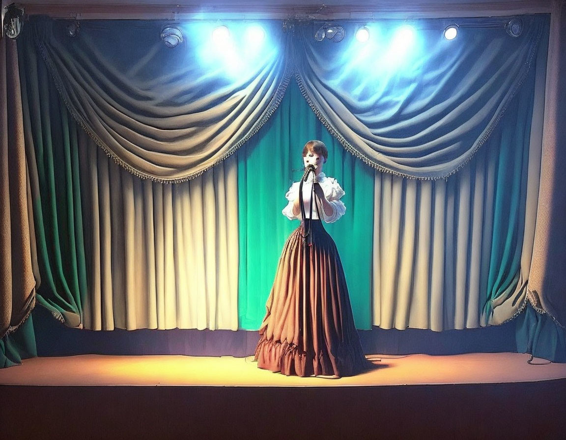 Person in period costume on stage with elegant blue curtains