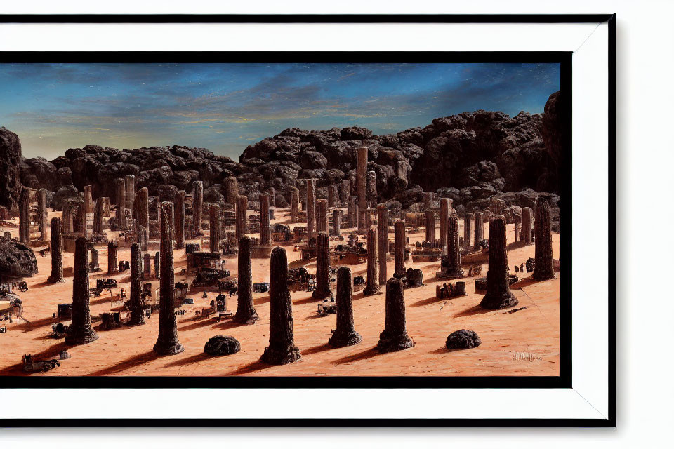 Surreal landscape painting with vertical stone structures and starry sky