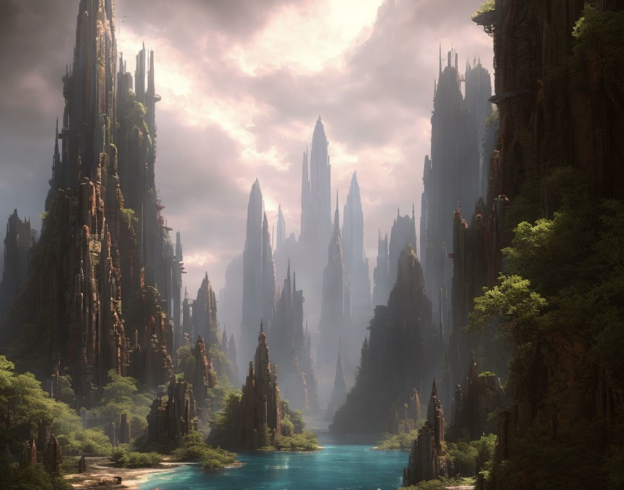 Mystical landscape with towering spires, forest, and river