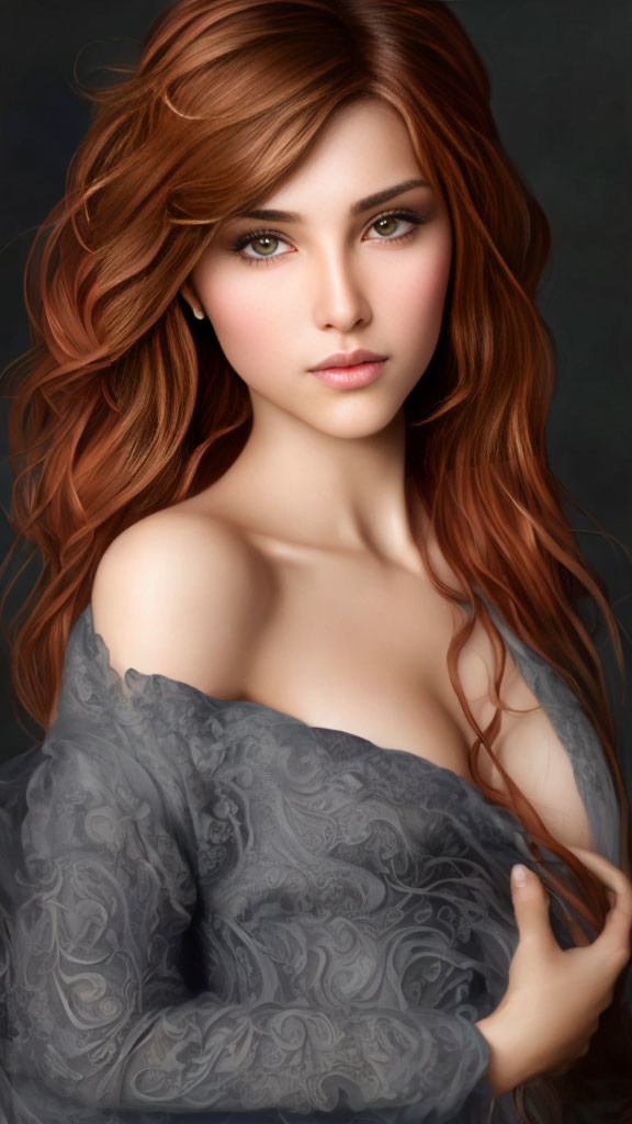 Digital artwork featuring woman with red hair, green eyes, and grey dress