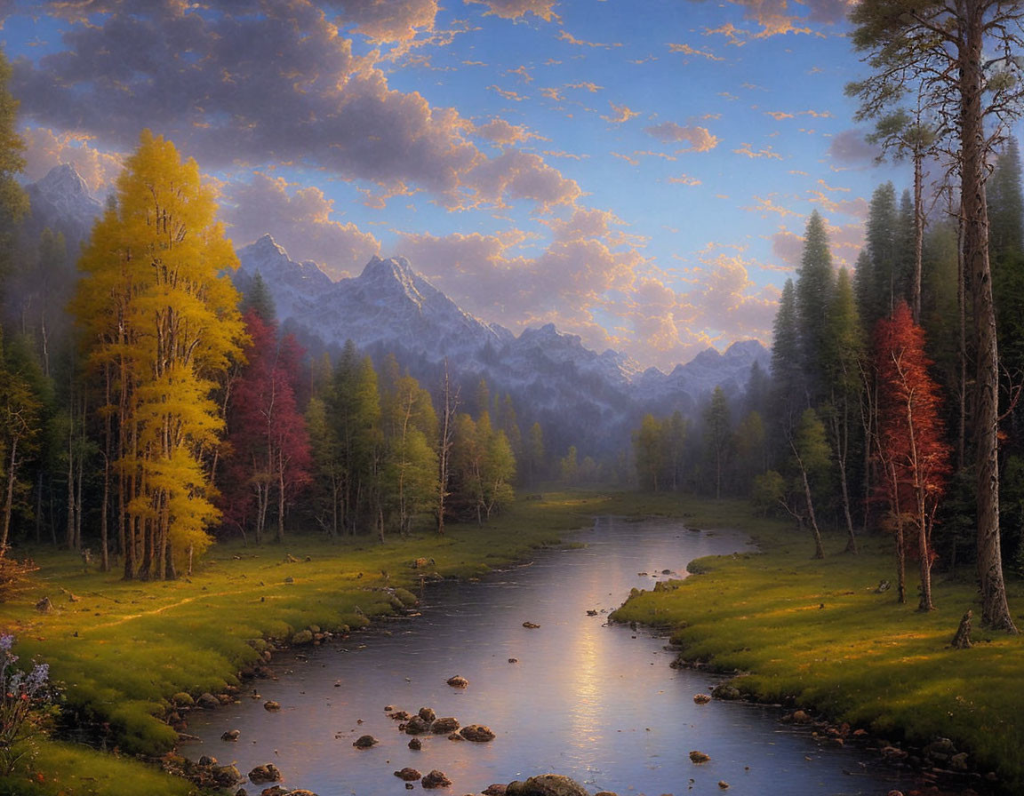 Autumn Forest River Landscape with Snow-Capped Mountains