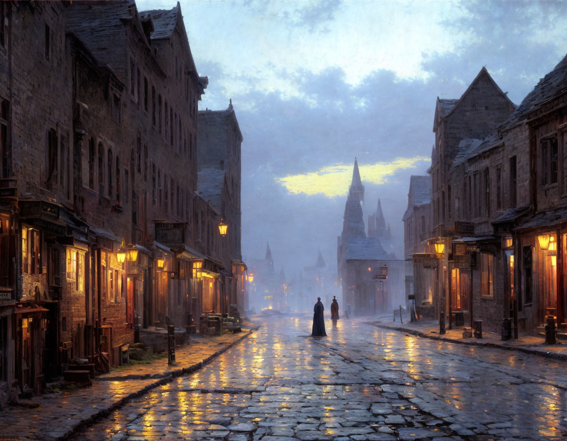 Historic cobblestone street with old buildings and street lights at dusk