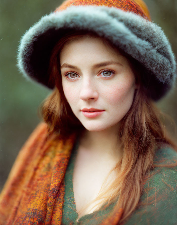 Young woman with auburn hair and freckles in warm hat and orange scarf.