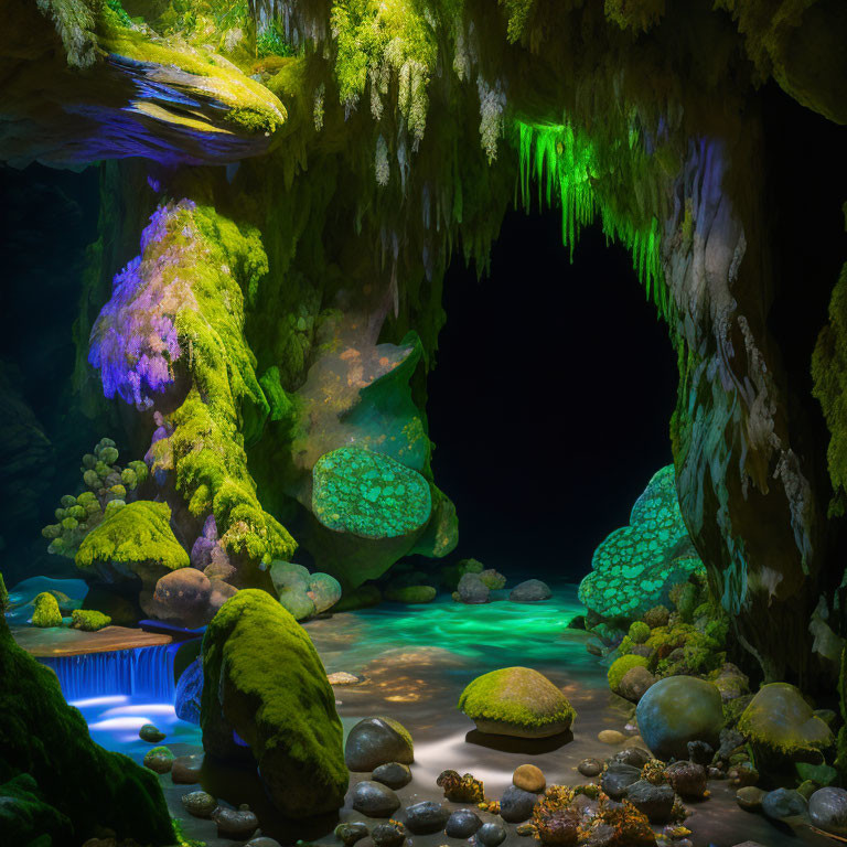 Colorful Illuminated Cave with Moss, Pond, and Waterfall