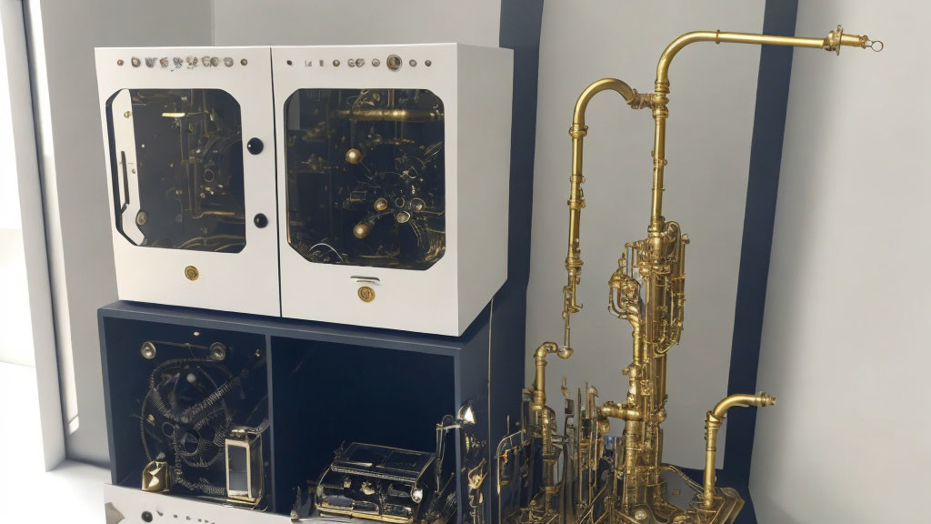 Saxophone beside white cabinet with mechanical parts and brass instruments displayed.