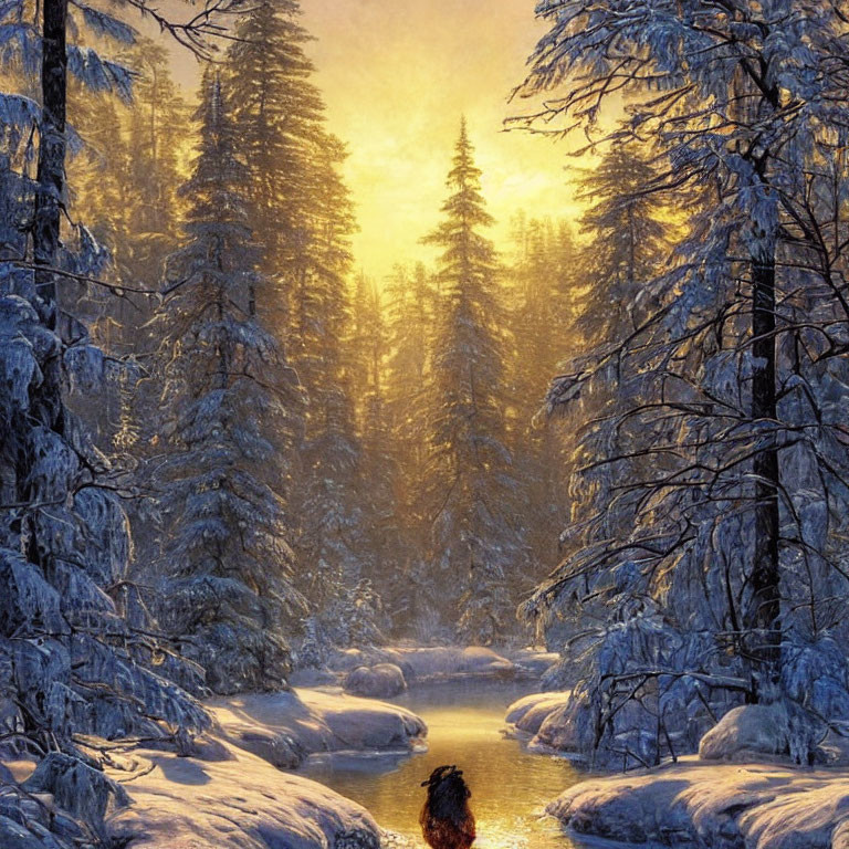 Dog in Snow-Covered Forest at Sunset