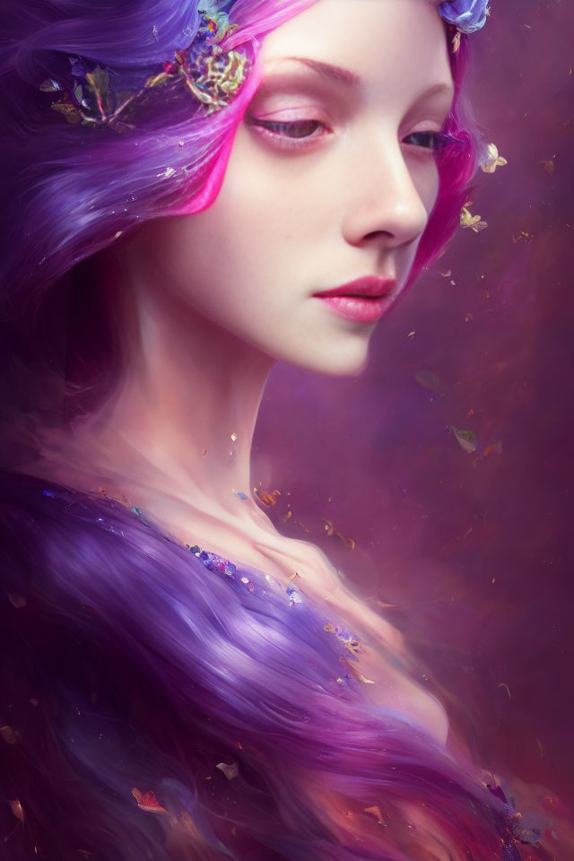 Digital artwork: Woman with purple hair and flowers in dreamy expression on soft, violet background