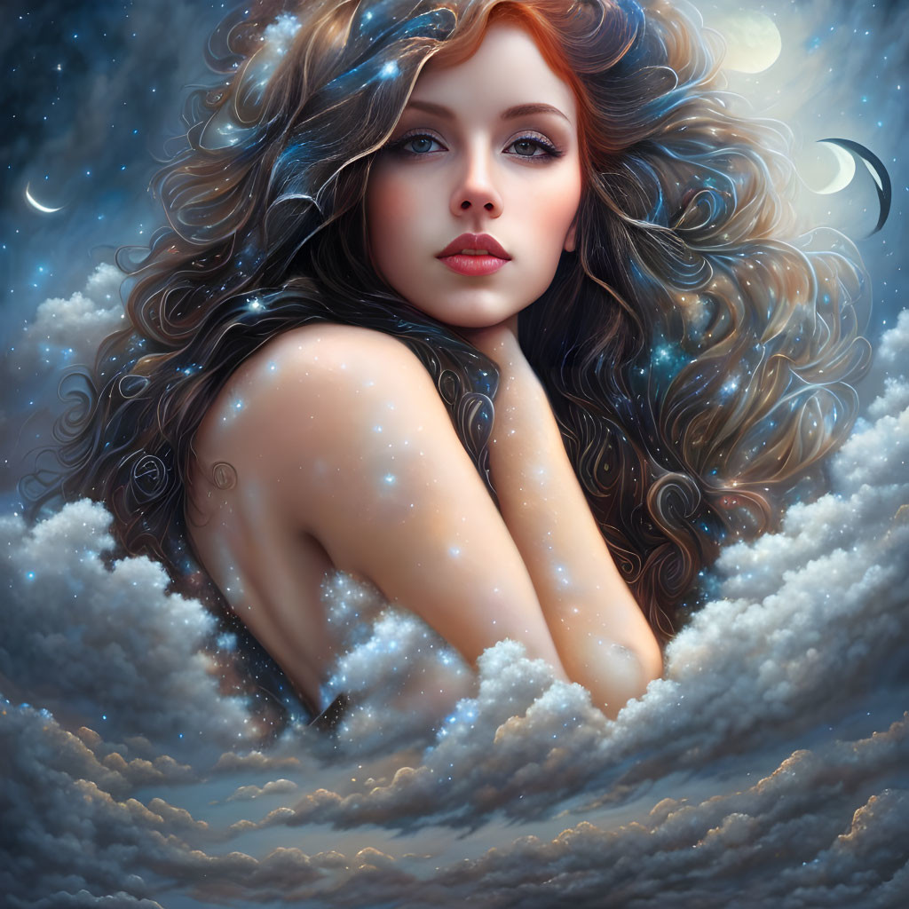 Fantastical portrait of a woman with flowing hair in celestial setting