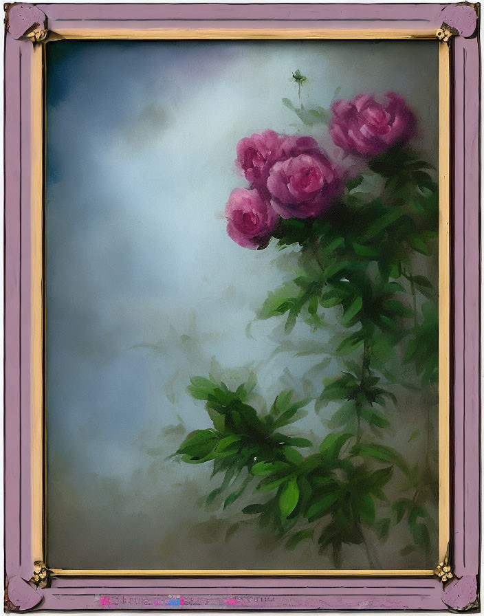 Framed painting of pink roses on green vine with dreamy background