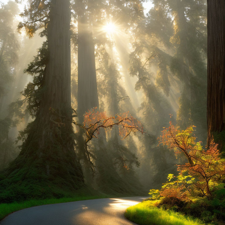 Sunbeams through redwoods on misty forest road with autumn tree