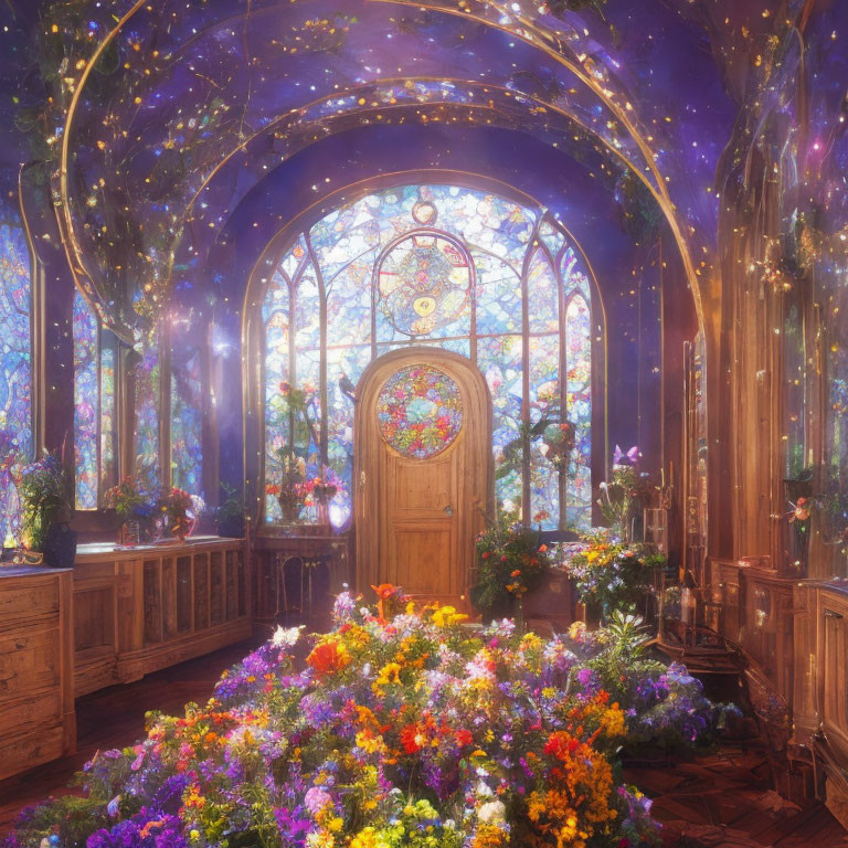 Colorful Flower-Filled Room with Celestial Ceiling & Stained-Glass Window