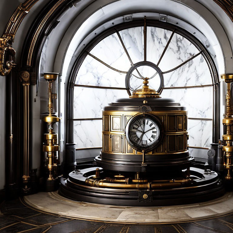 Ornate brass pendulum clock in marble hall with arched windows