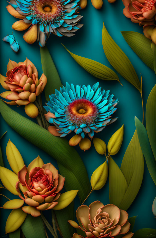 Colorful Floral and Leaf Design in Blue, Turquoise, and Gold on Teal Background