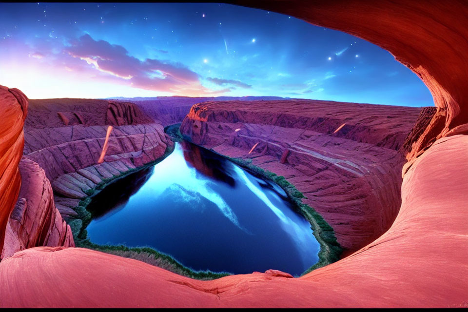 Tranquil river in steep canyon under twilight sky