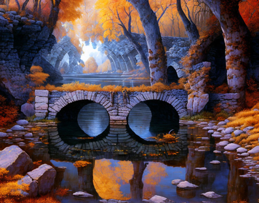 Stone bridge over calm river in ethereal autumn scene with glowing portal.