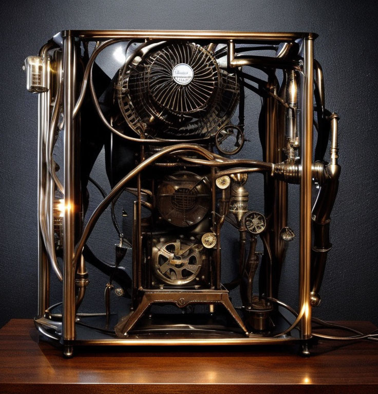 Steampunk-themed computer case with brass pipes, gears, cooling fan, dark palette, vintage aesthetic