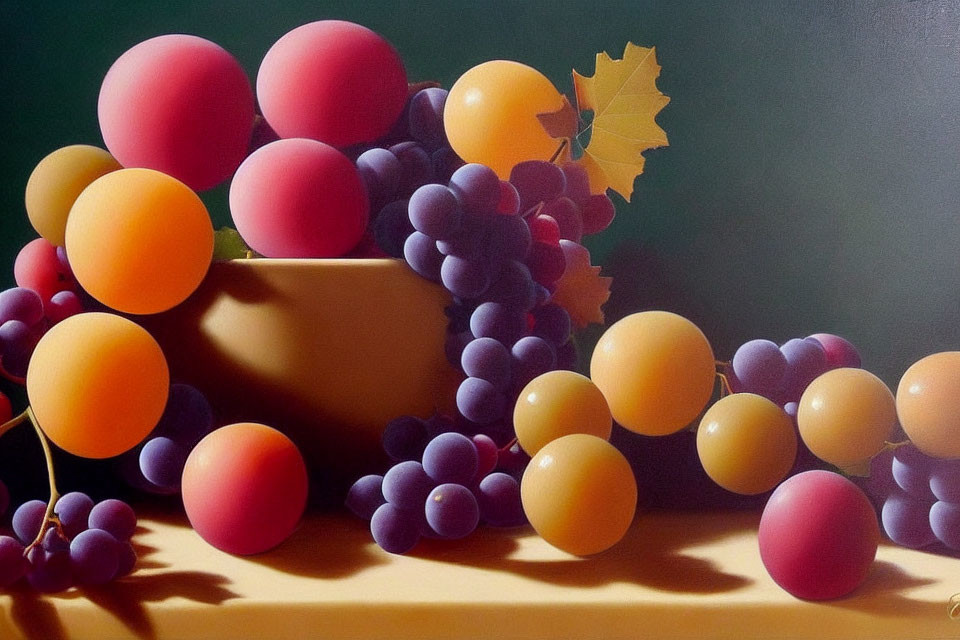 Realistic painting of colorful fruits: grapes, peaches, and a leaf on a surface with shadow