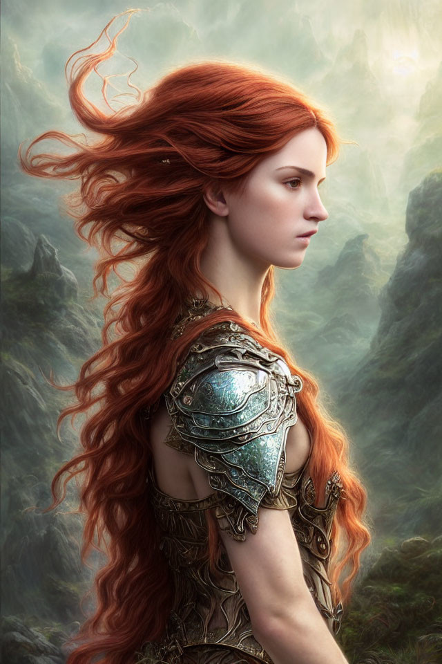 Red-haired woman in detailed armor against misty mountain backdrop