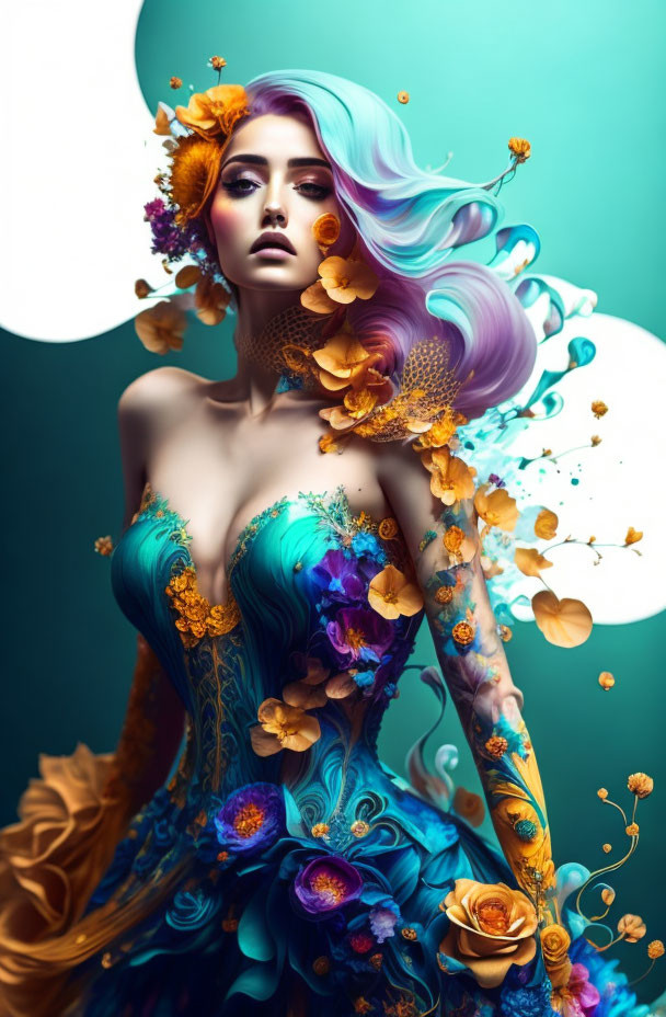 Colorful digital artwork of a woman with pastel hair, flowers, butterflies, and ornate dress