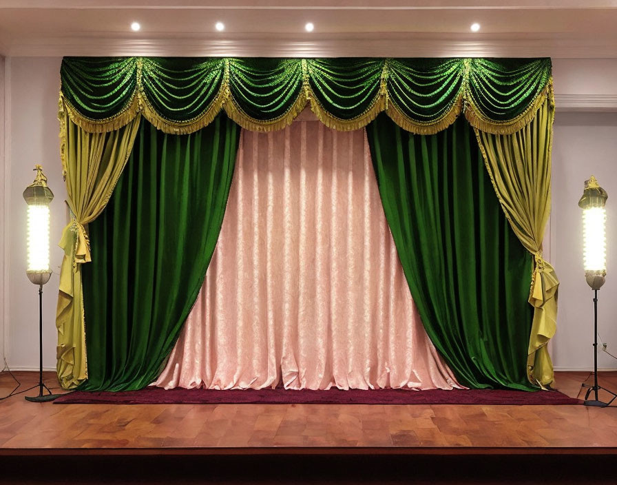 Luxurious Stage with Green Velvet Curtains and Golden Lamps