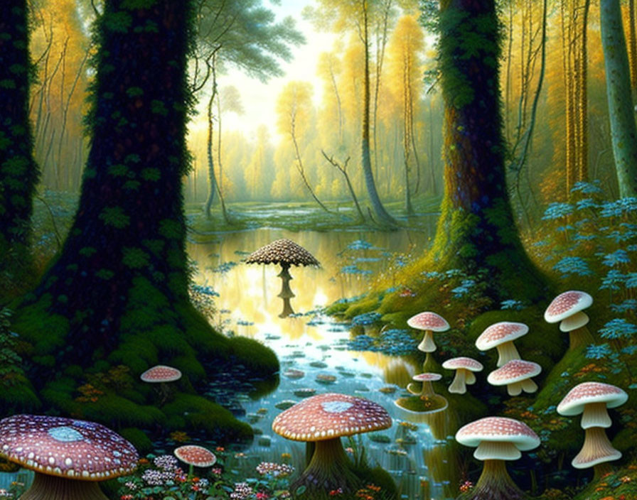 Tranquil forest scene with towering trees, serene pond, vibrant mushrooms, and lush greenery.