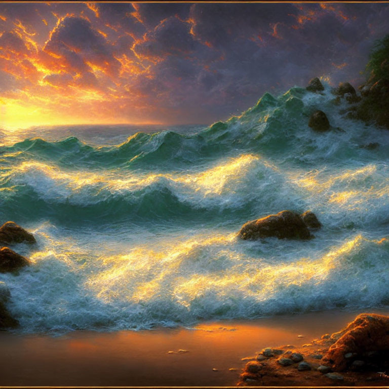 Fiery sunset over turbulent ocean waves and rocky shore