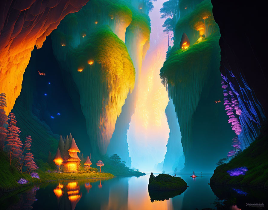 Fantastical landscape with luminous cave, serene lake, glowing house, and small boat.