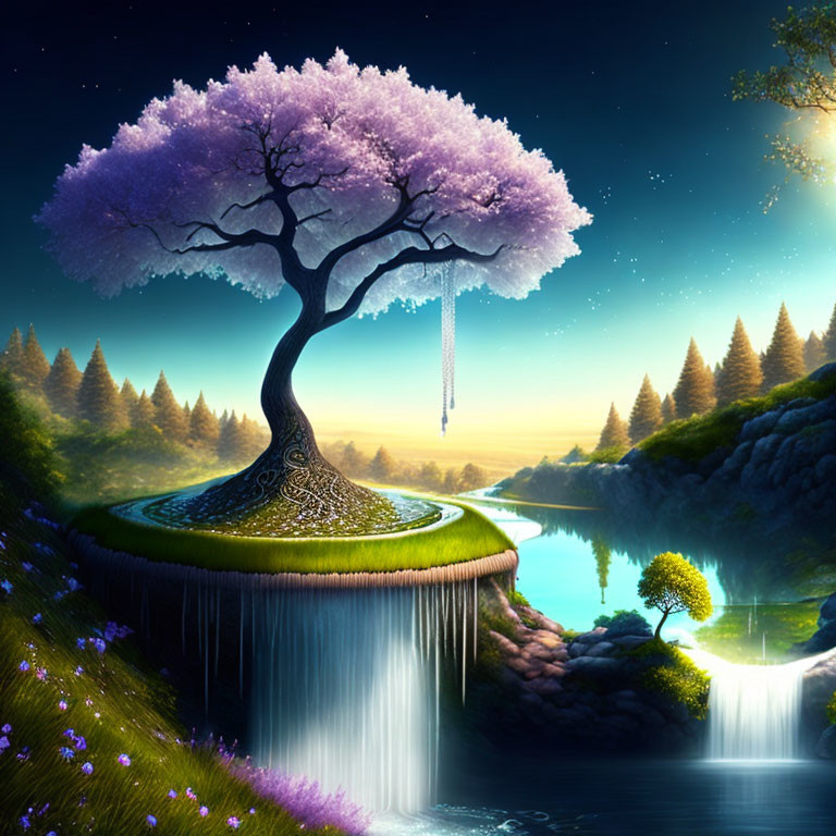 Fantasy landscape with floating island, blossoming tree, waterfalls, river, starry night sky