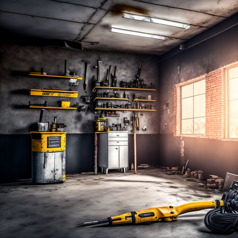 Neat Garage Workshop with Wall-Mounted Tools and Sunlit Window