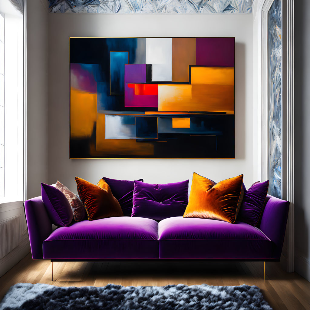 Vibrant purple sofa with orange pillows in modern living room