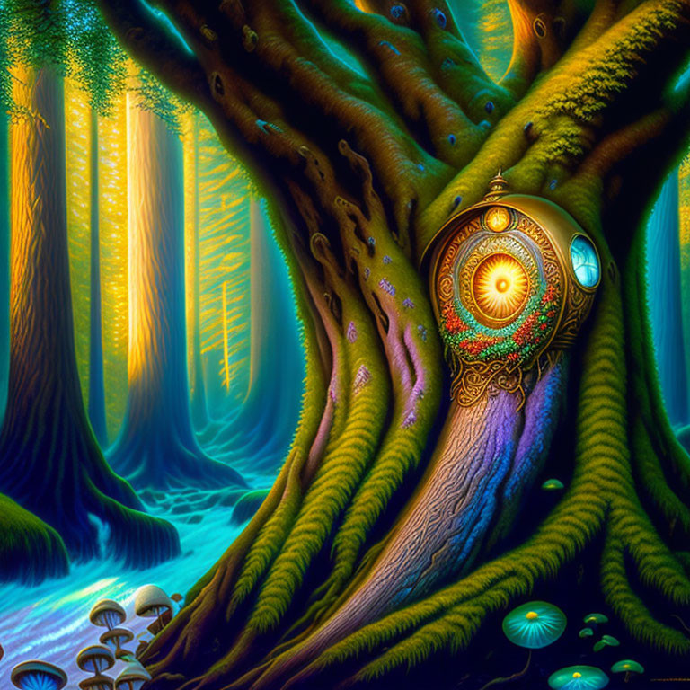 Mystical tree with glowing ornate door in enchanting forest