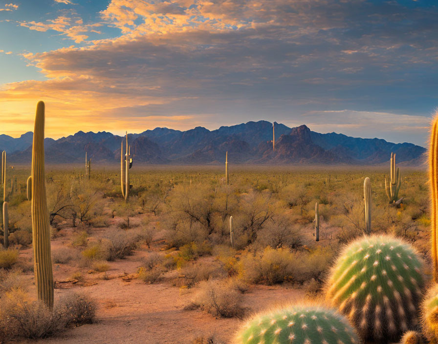 Desert landscape with saguaro cacti, mountains, and vibrant sunset sky