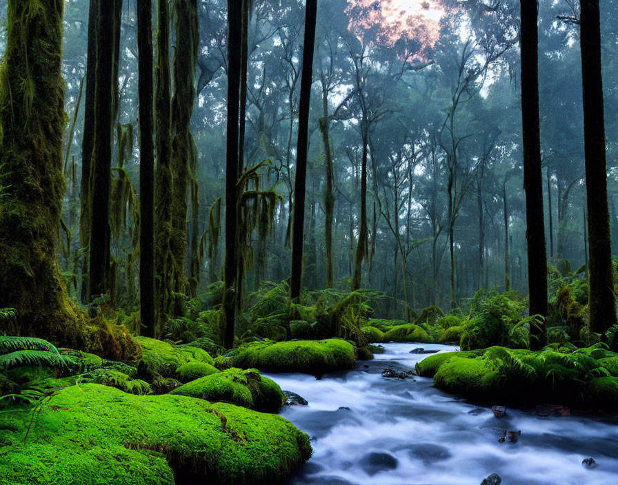 Misty Twilight Forest with Moss-Covered Rocks and Trees