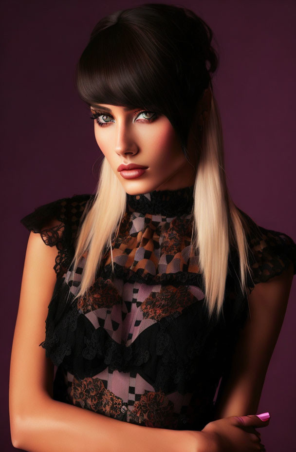 Woman with Striking Blue Eyes and Two-Toned Hair in Black Lace Top