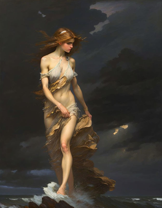 Painted figure on rock amidst ocean waves with flowing attire and hair against dark sky