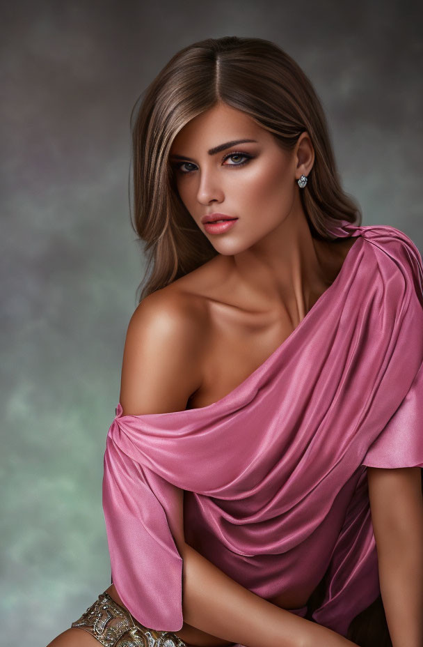 Stylish woman in pink draped top with smoky eye makeup