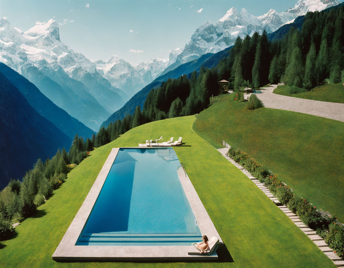 Person lounging by infinity pool with mountain vista and lush greenery.